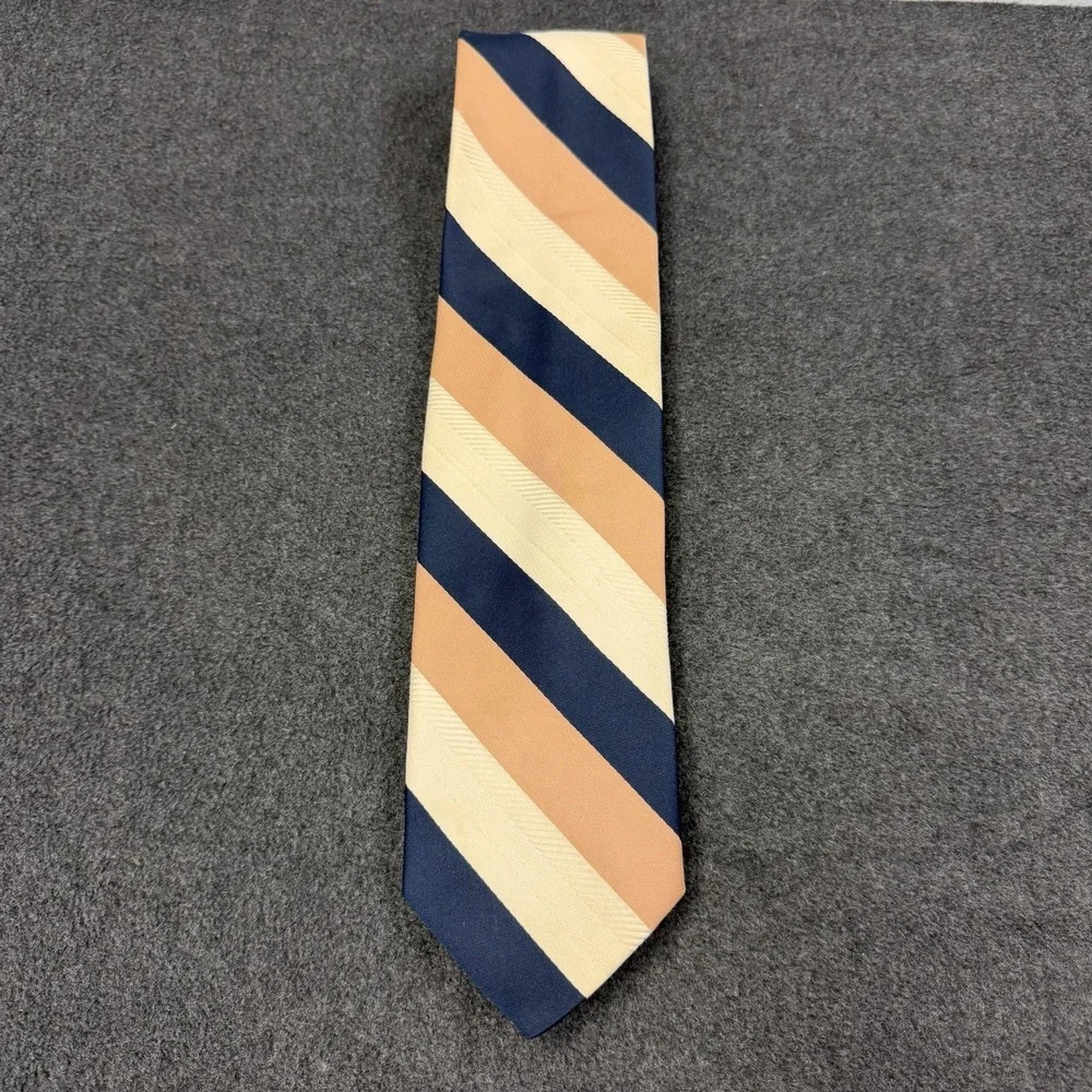 Vtg Hickok by Le-Bils 70s Mod Striped Mens Tie Navy Blue Peach Cream Polyester